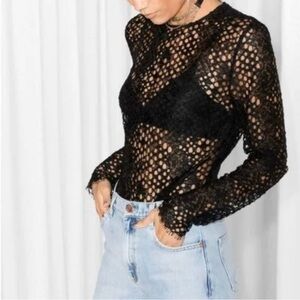 & Other Stories Black Sheer Lace Mesh Long Sleeve Witchy Goth Grunge Top Size 4